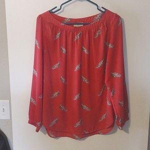 LOFT coral long sleeve blouse with peacock pattern. Size MP.